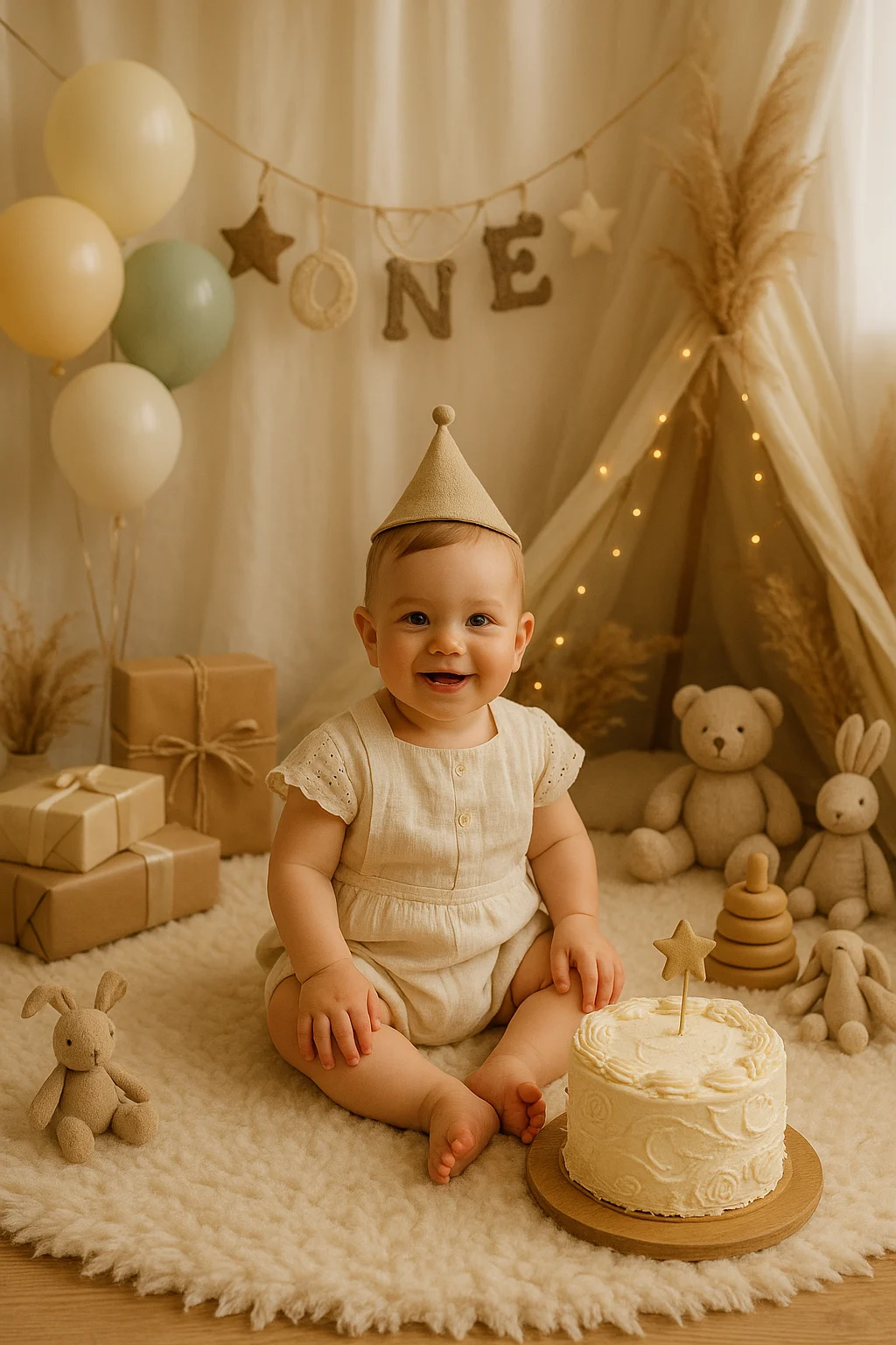 1 year old baby in cream outfit during birthday celebration.