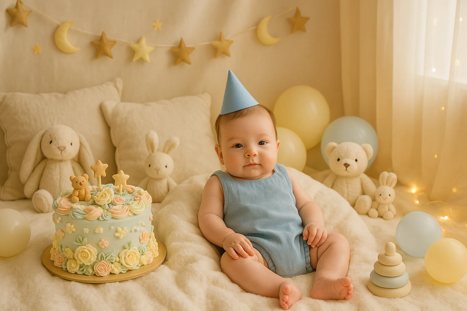 Three-month-old baby in romper near decorative pastel cake and soft toys