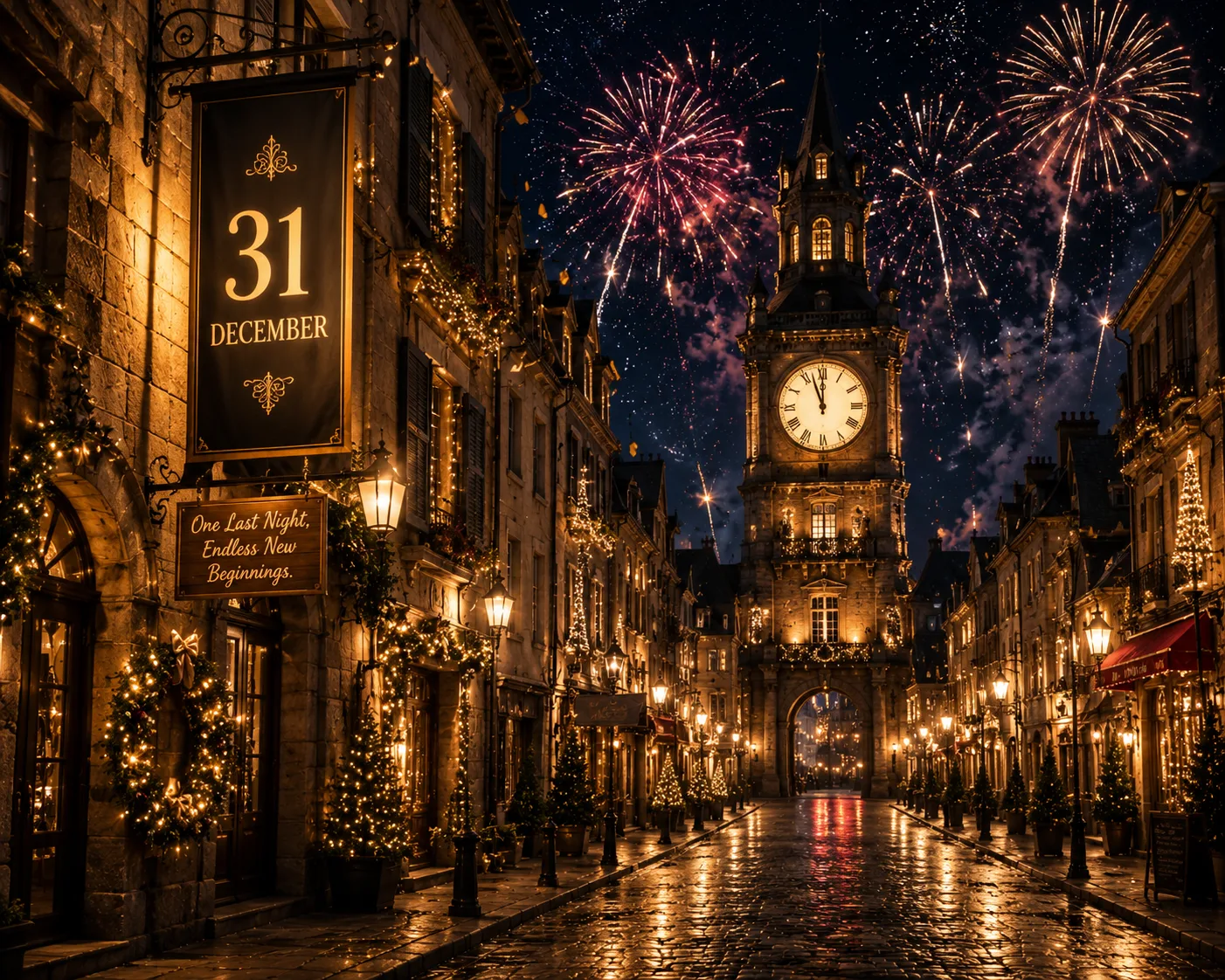 European street decorated for 31st December with fireworks