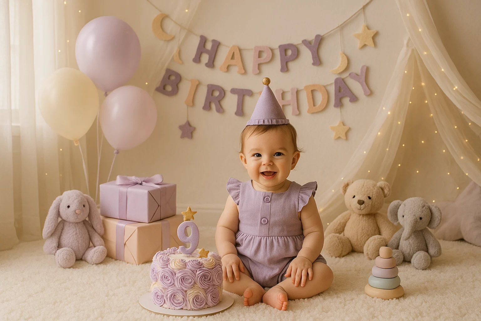 9-month-old baby sitting in a pastel birthday setup