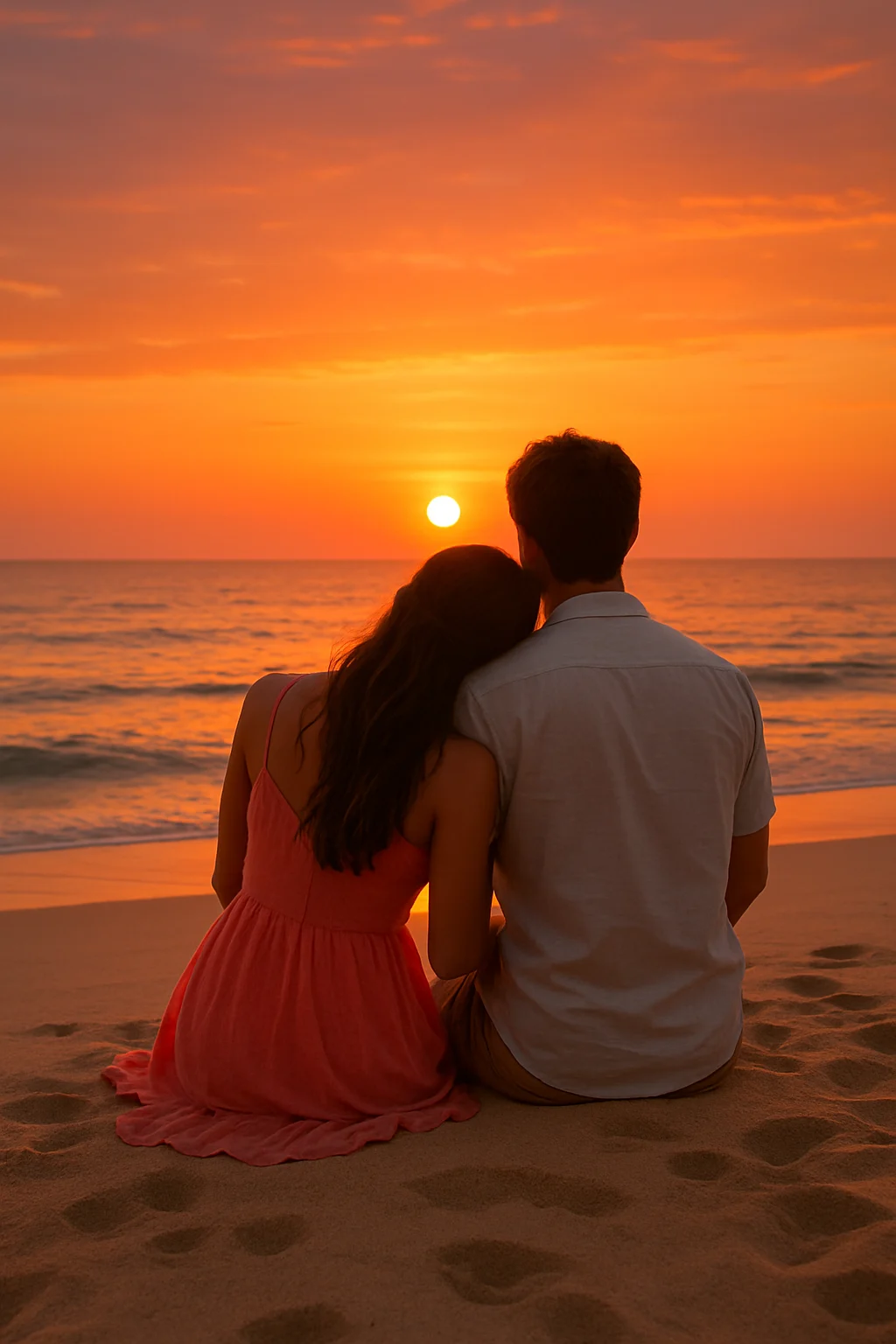 A couple sitting on the beach watching the sunset