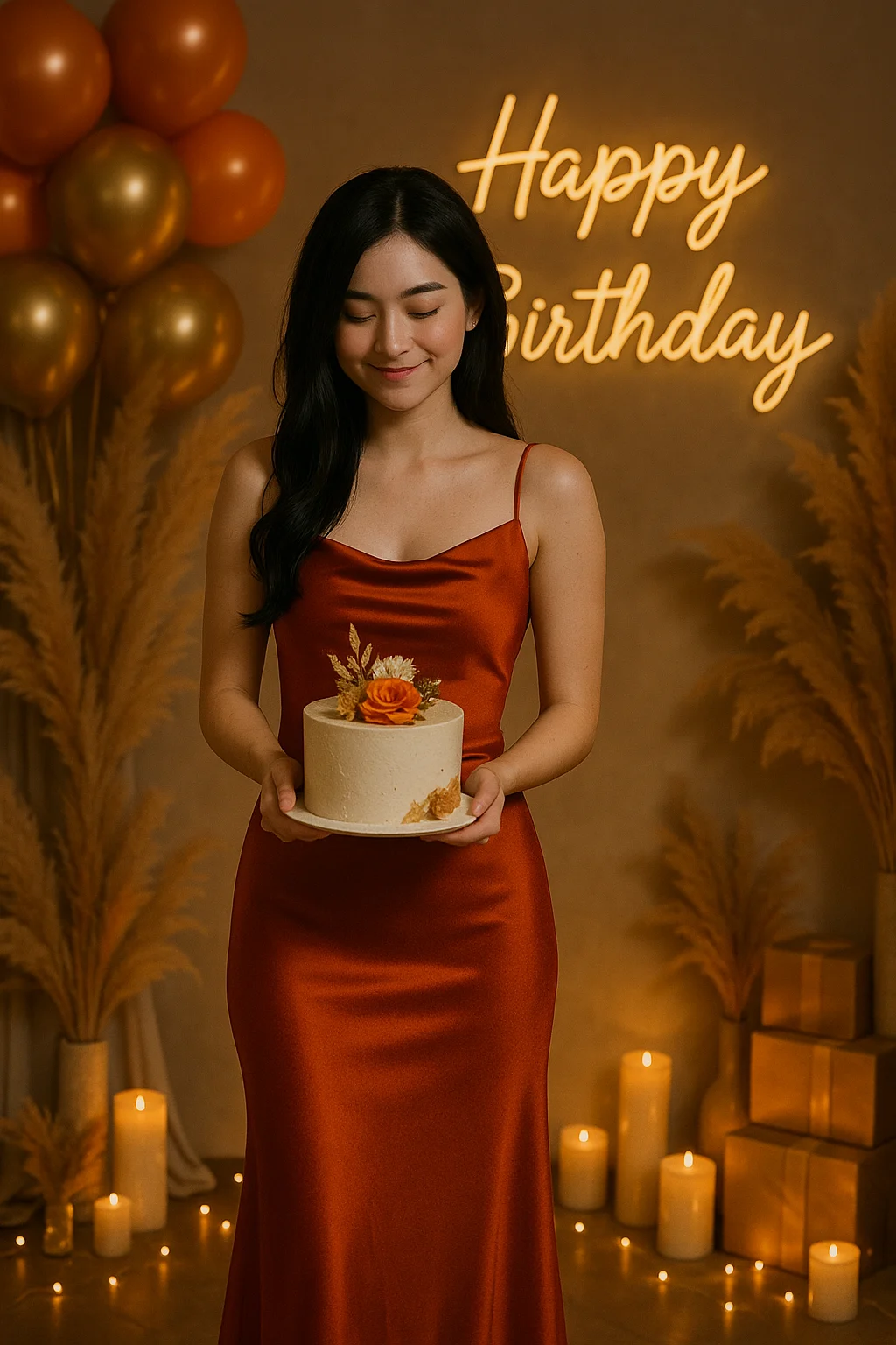 a girl in burnt orange dress holding cake