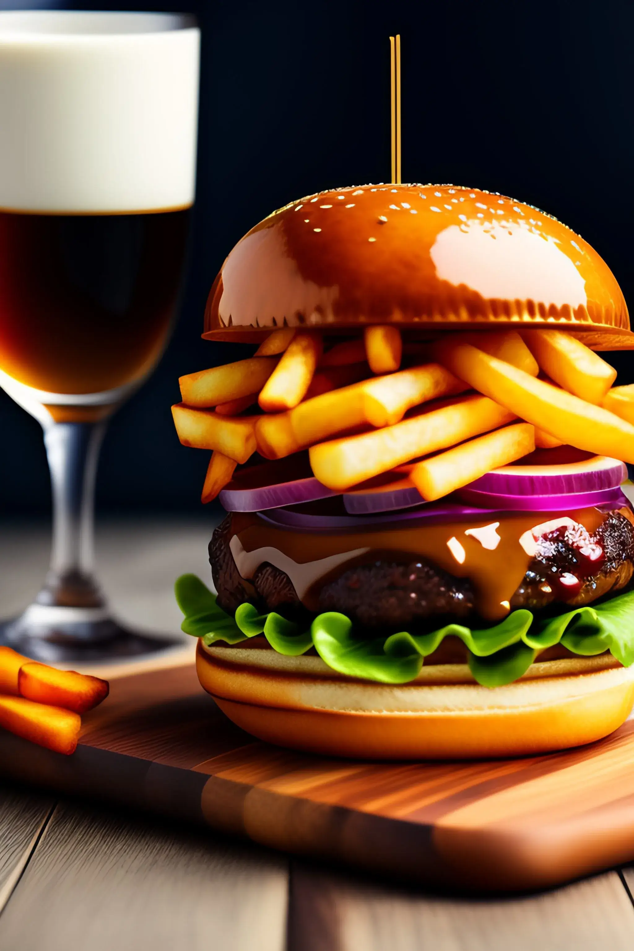A hamburger with fries and a glass of beer