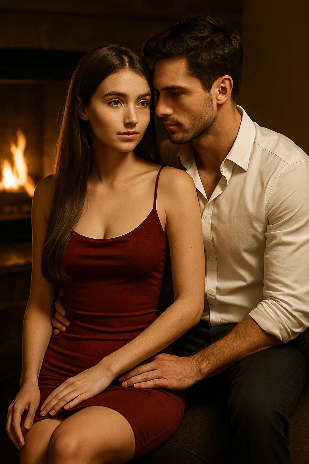 couple sitting close on a couch in a soft romantic pose