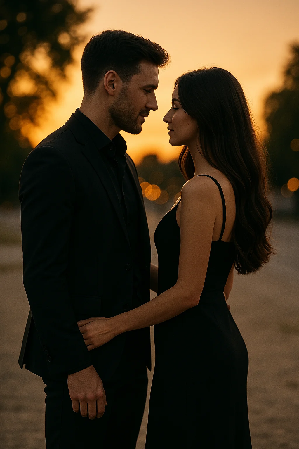 A man and woman standing together in black dress