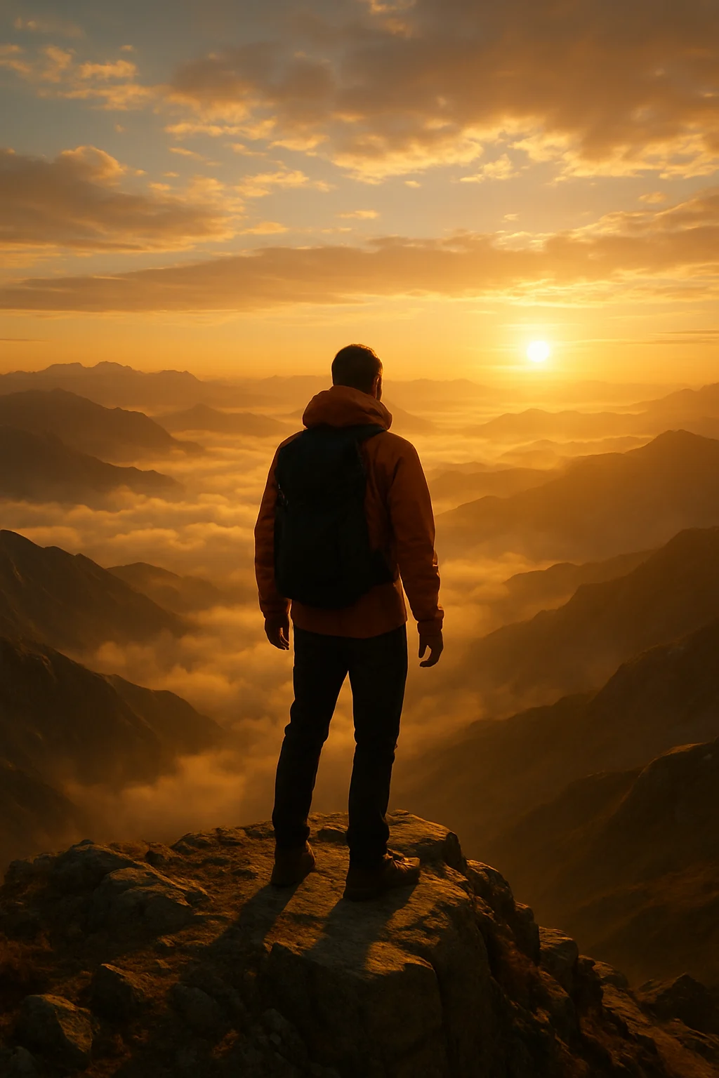 A man standing on a mountain looking at the sunset