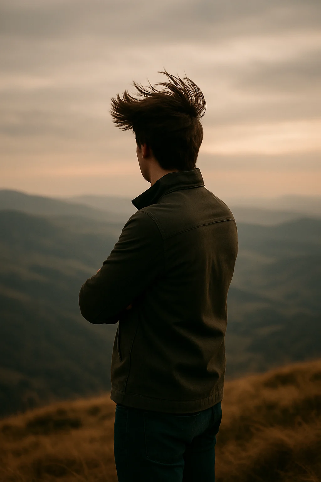 A man with his hair blowing in the wind