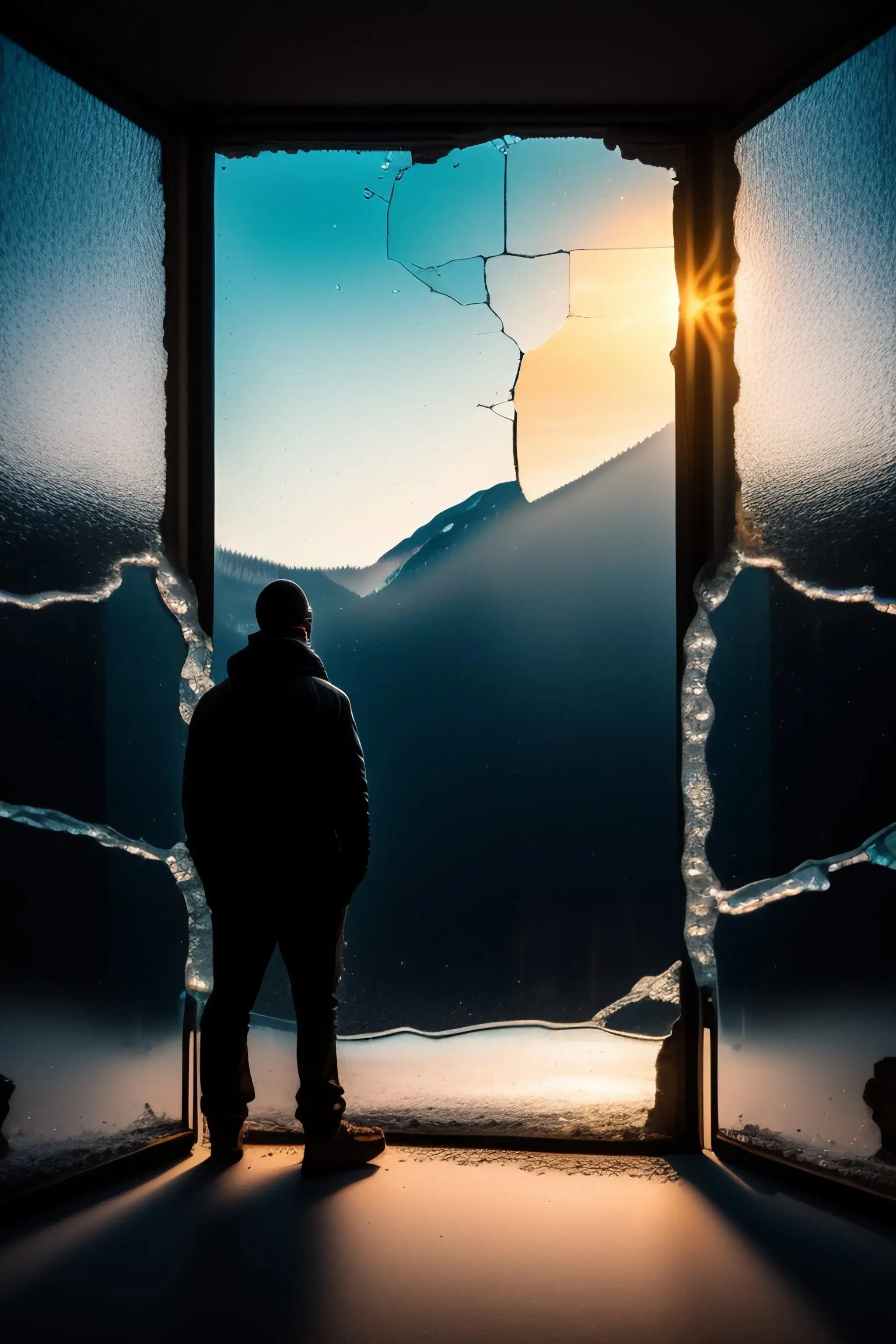 A person standing in front of a broken window