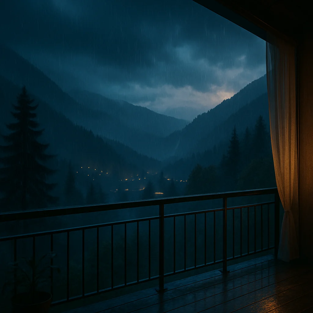 Rainy mountain view from a balcony in the evening