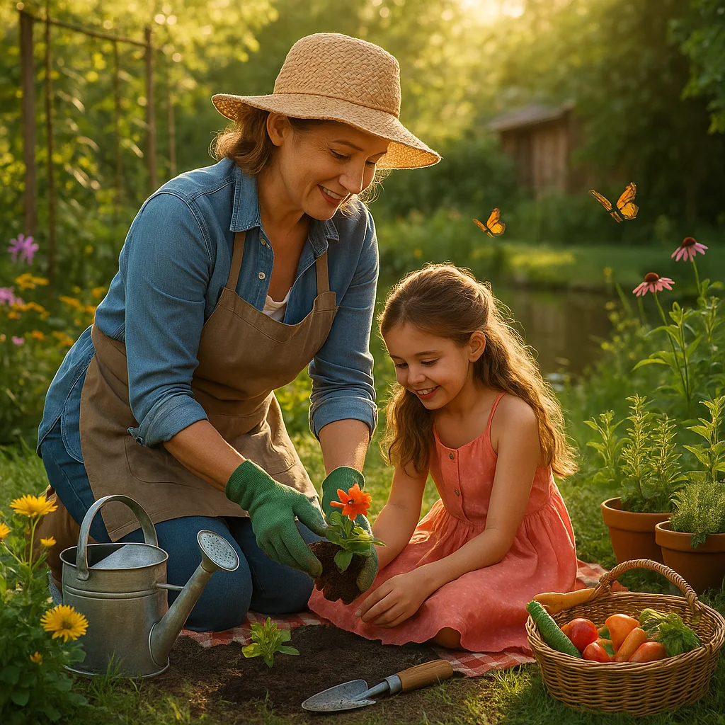 A woman and a little girl are gardening