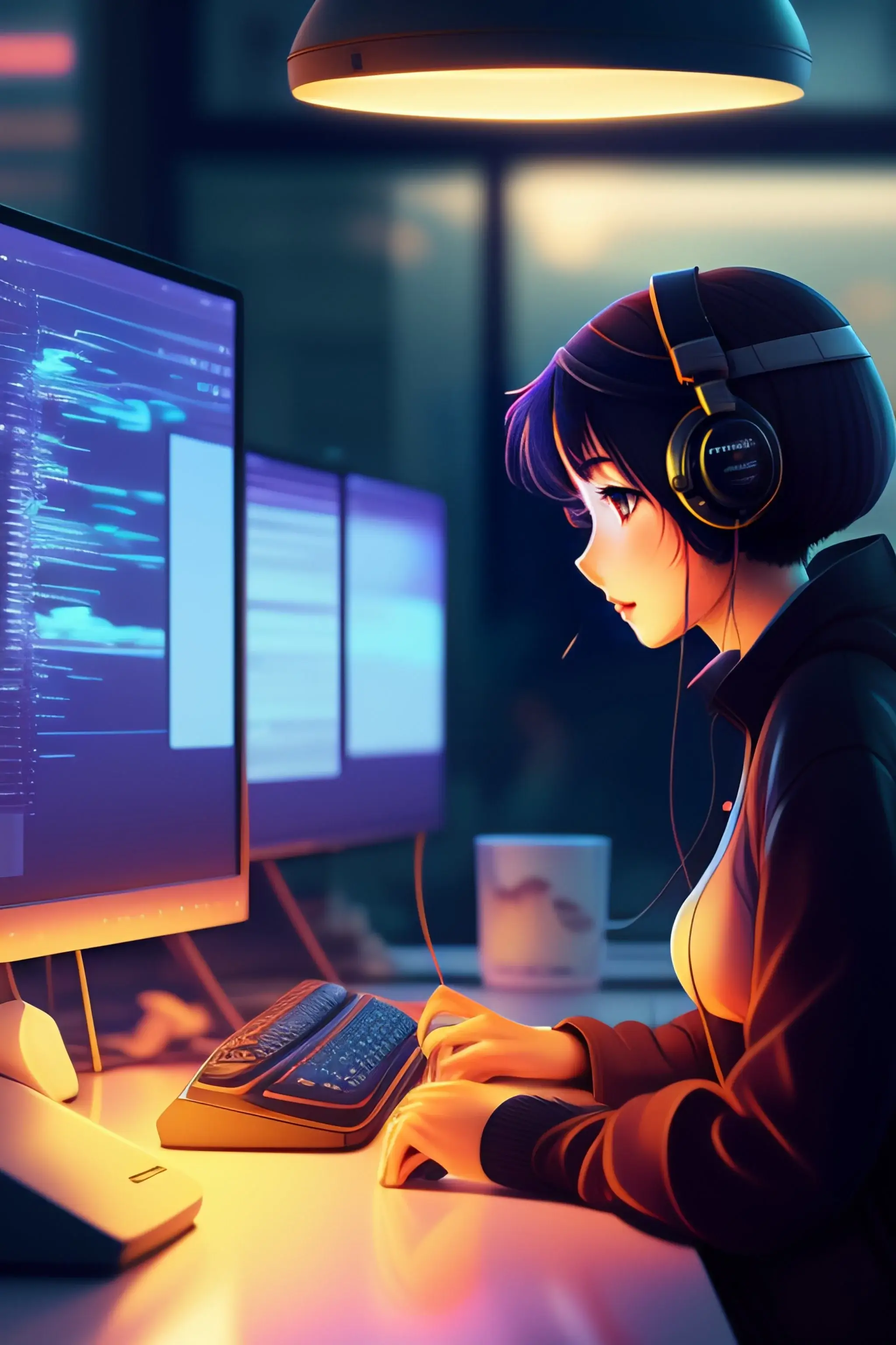 A woman wearing headphones is working on a computer and doing coding