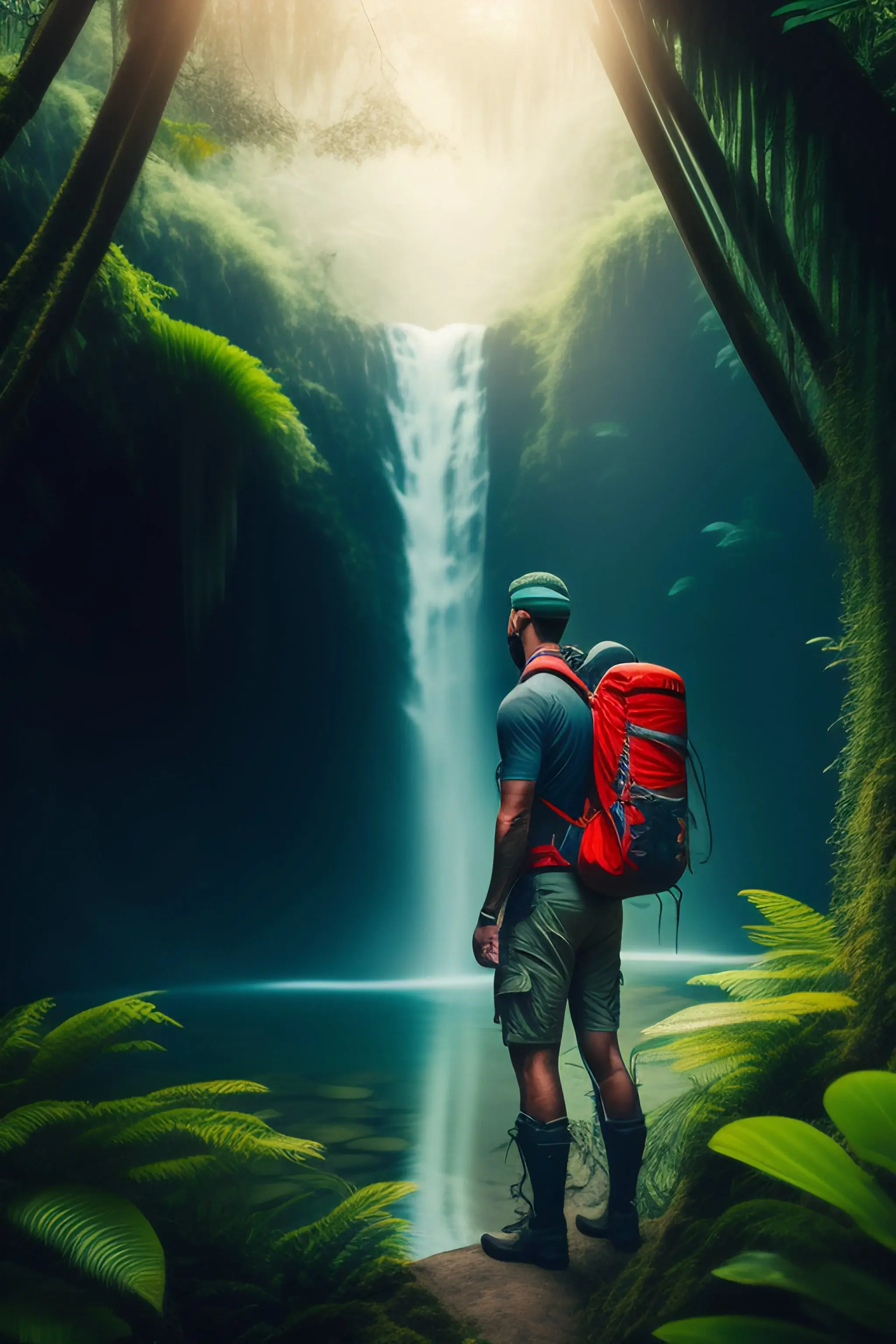 a boy standing between nature image