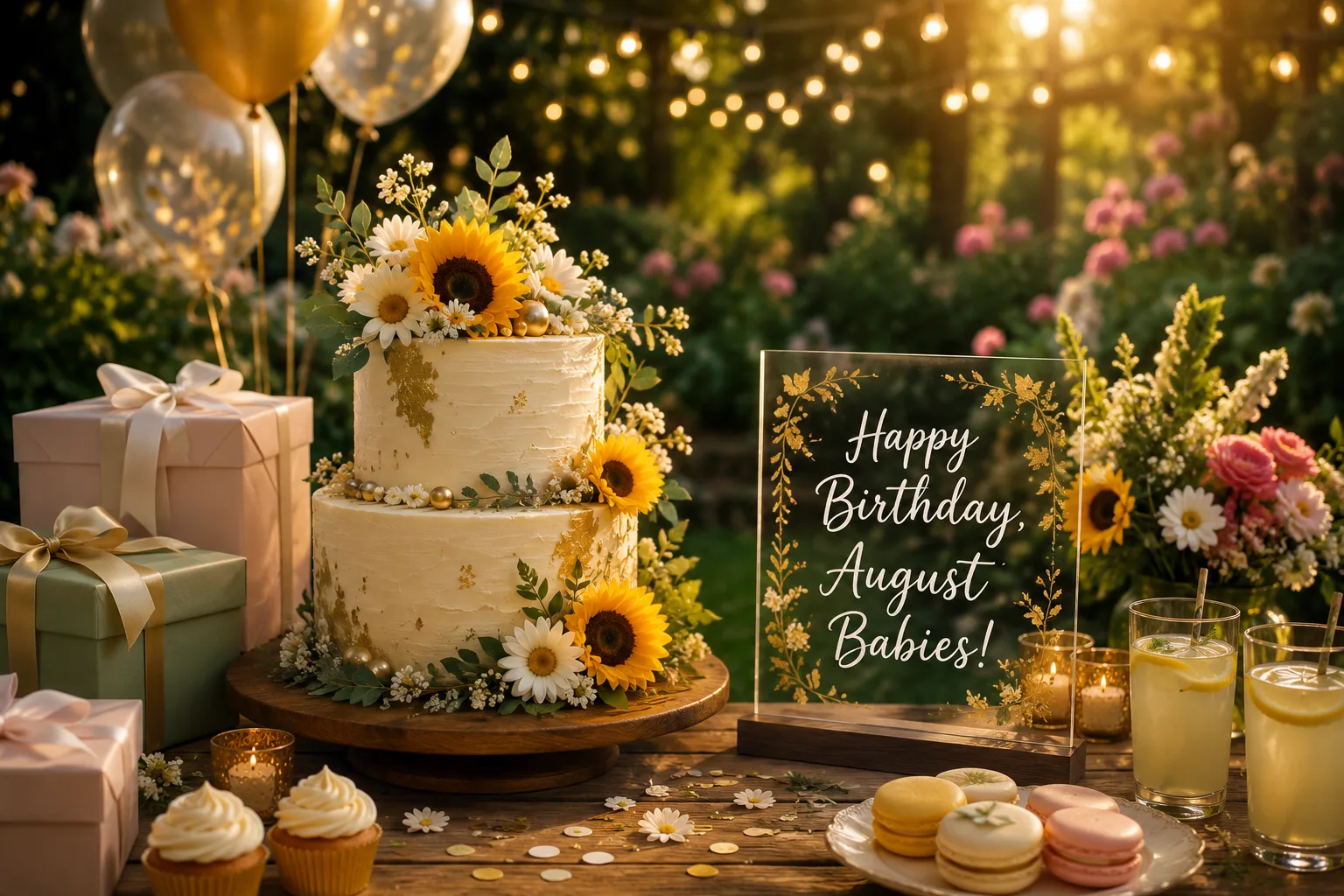 Elegant August birthday celebration with floral cake and golden decoration