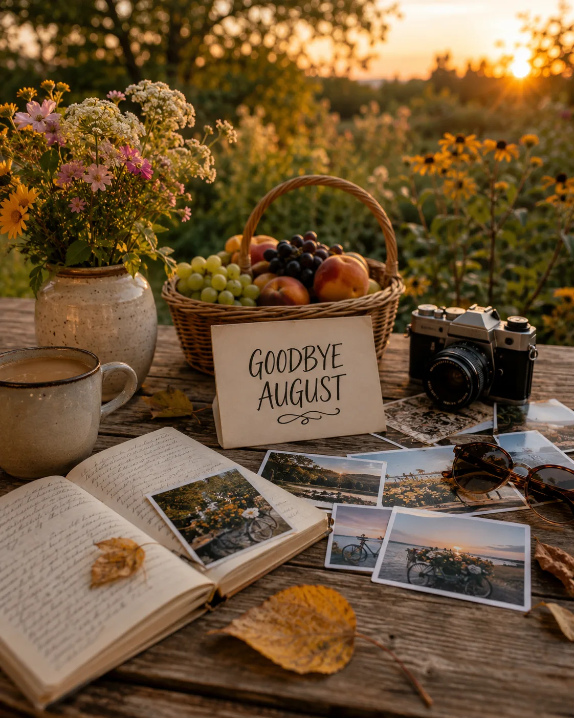 August recap memory table with Goodbye August sign, photographs, journal, flowers, coffee, fruit basket, and vintage camera