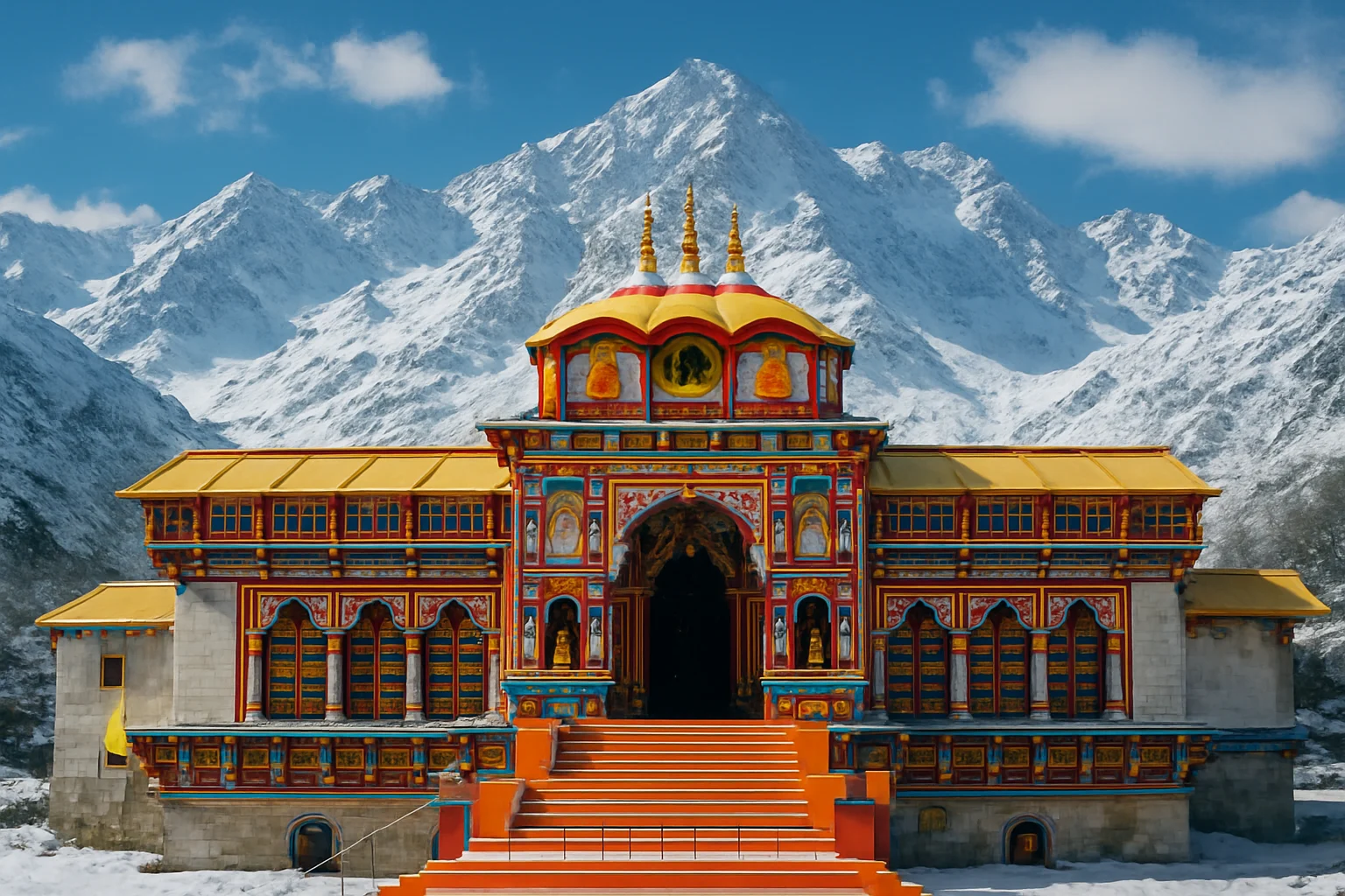 Badrinath Temple with snowy Himalayan backdrop