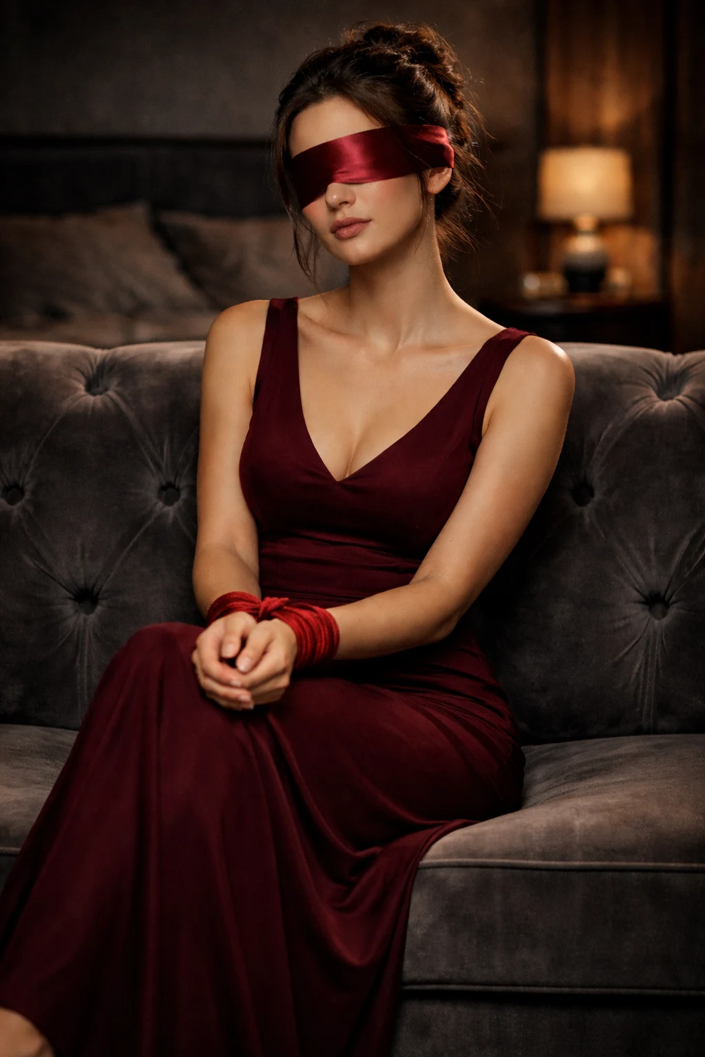 BDSM fashion adult woman tied and blindfolded while seated on a sofa