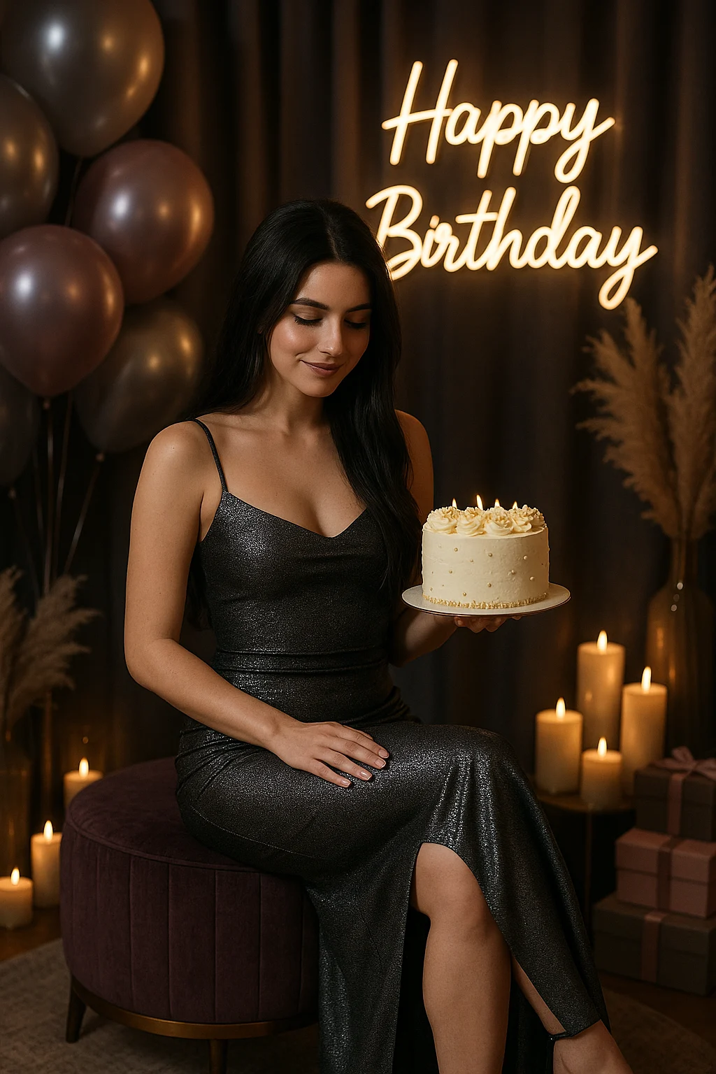 Girl in grey shimmer dress holding birthday cake indoors