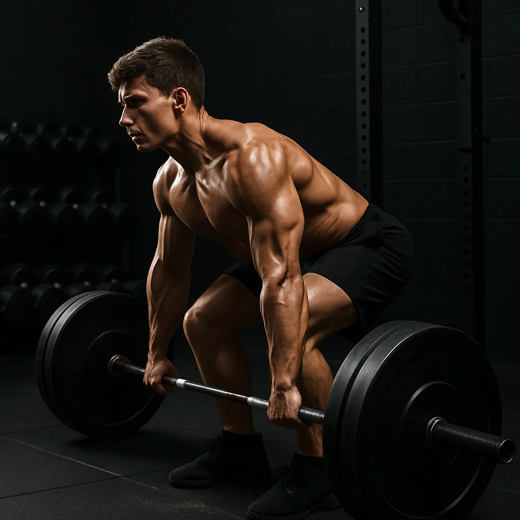 Bodybuilder doing deadlifting in a black gym