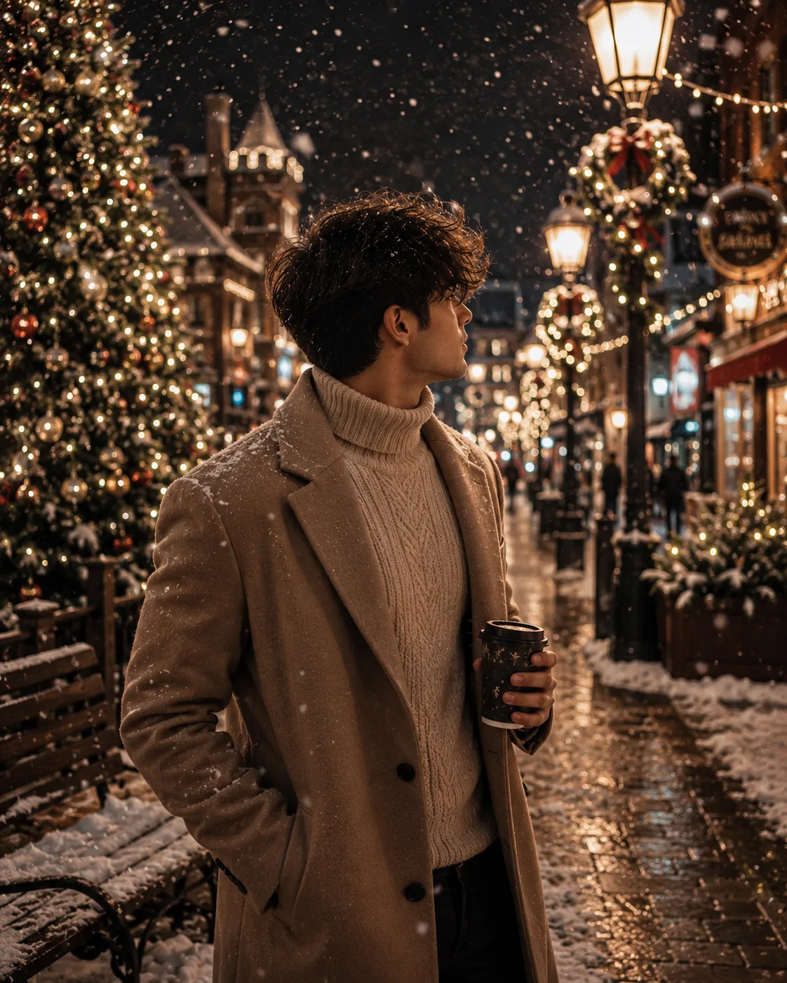 Stylish young man in cozy winter outfit standing on a snowy Christmas street at night with festive lights