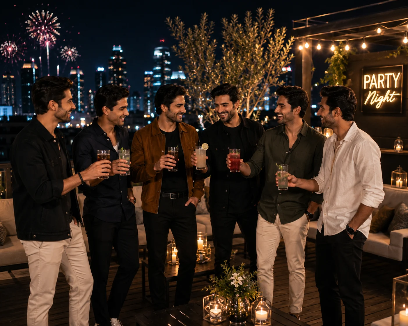 Group of friends celebrating a rooftop year end party with soft drinks