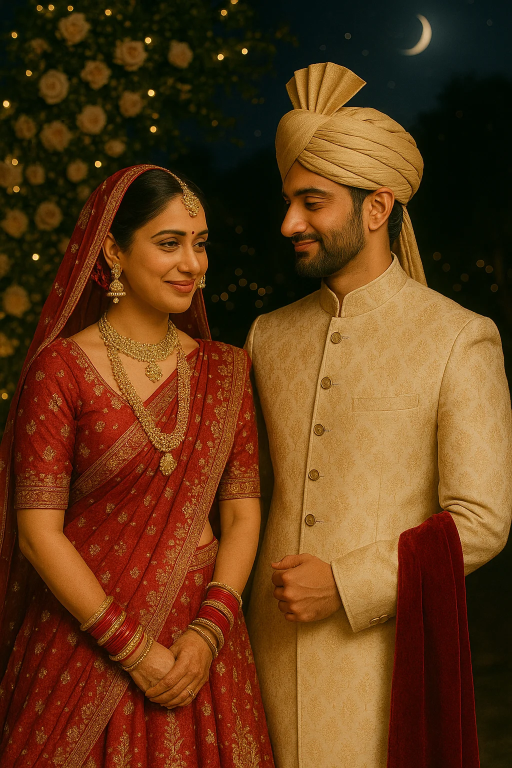 bride and groom smiling at each other in traditional attire