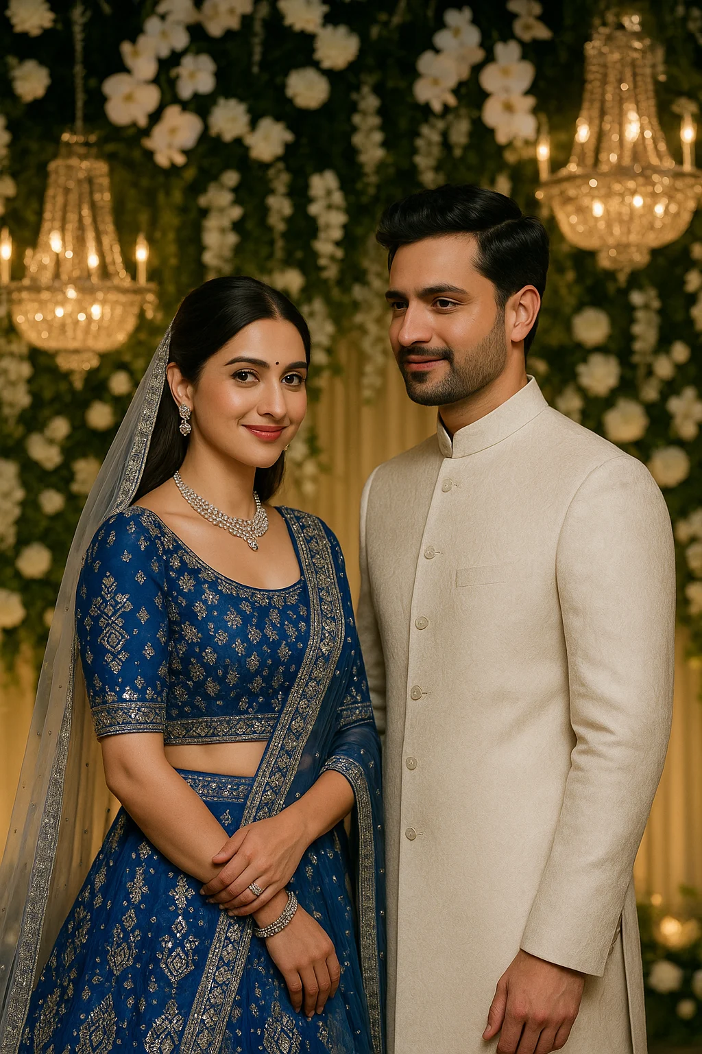 couple in modern wedding dress standing together