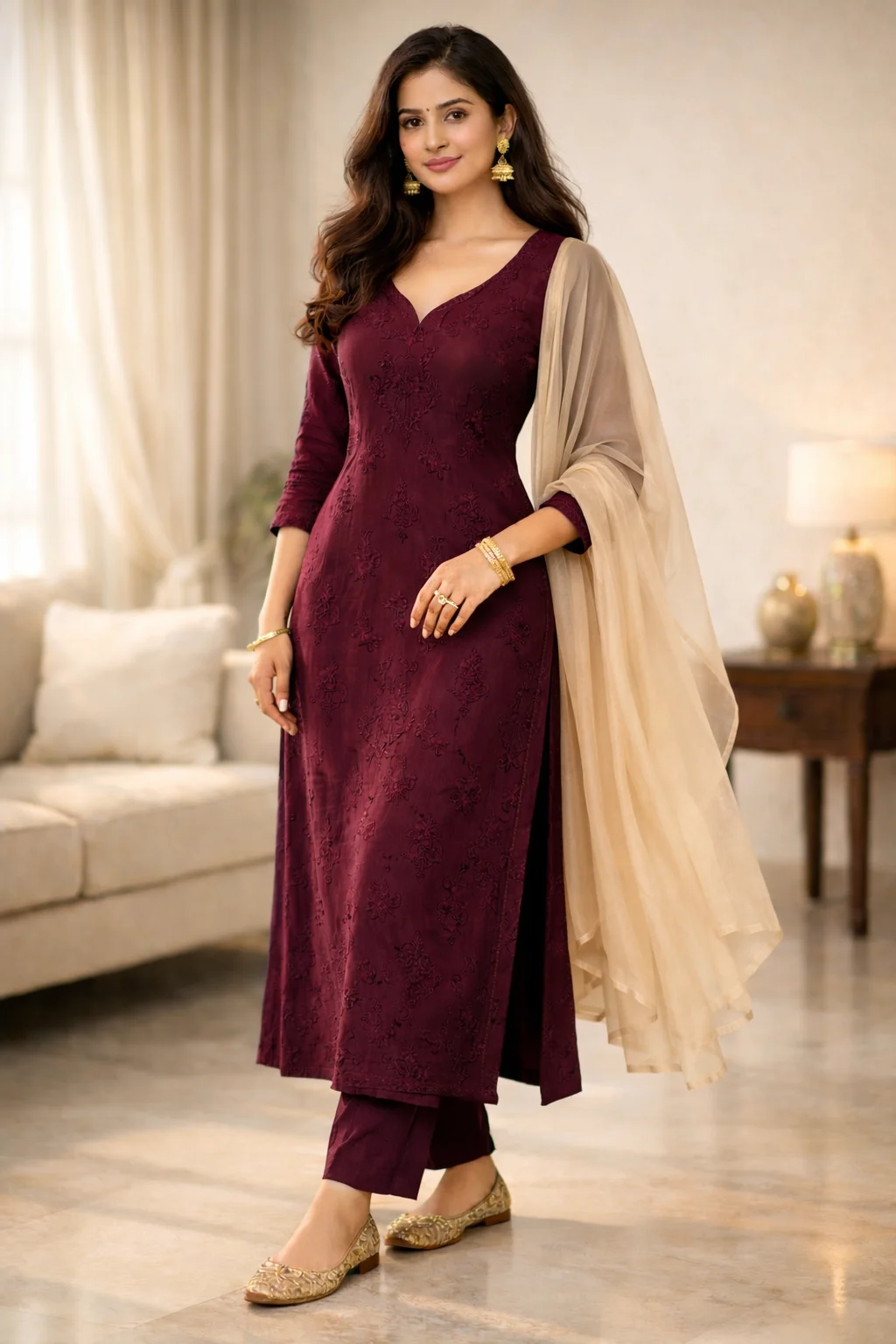 Young Indian woman in a burgundy embroidered kurti with nude dupatta