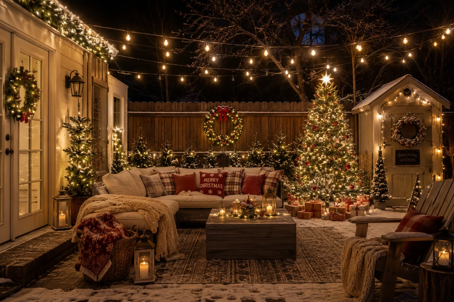 Cozy Christmas backyard decorated with lights at night