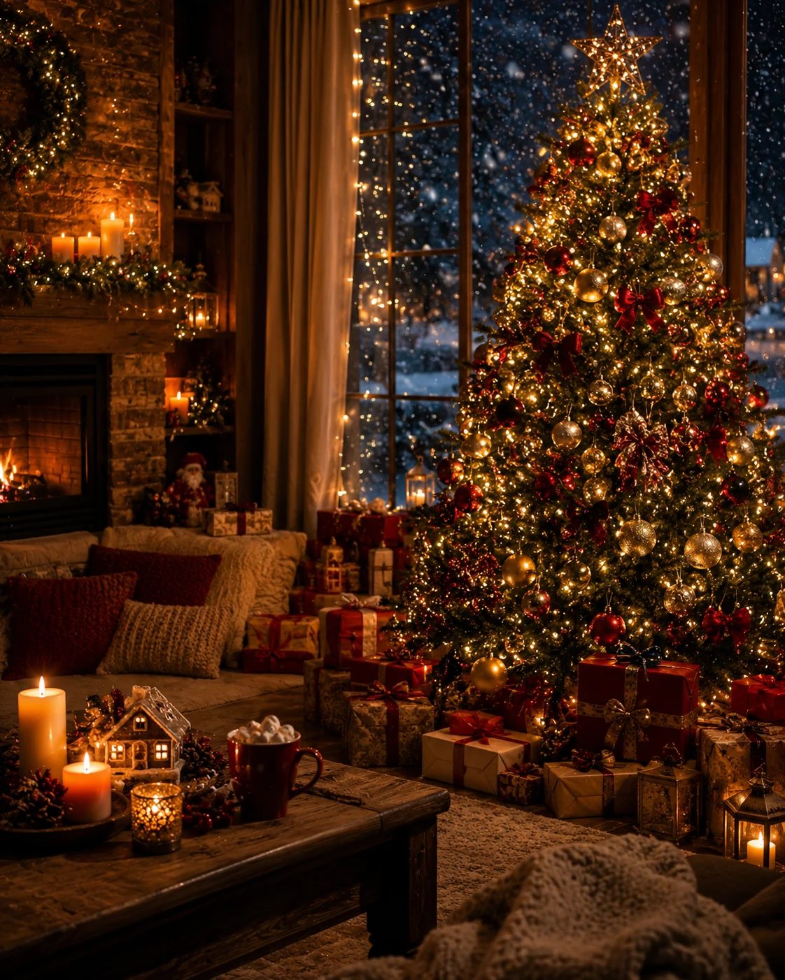 Beautifully decorated Christmas tree with glowing lights and gifts in a cozy winter living room