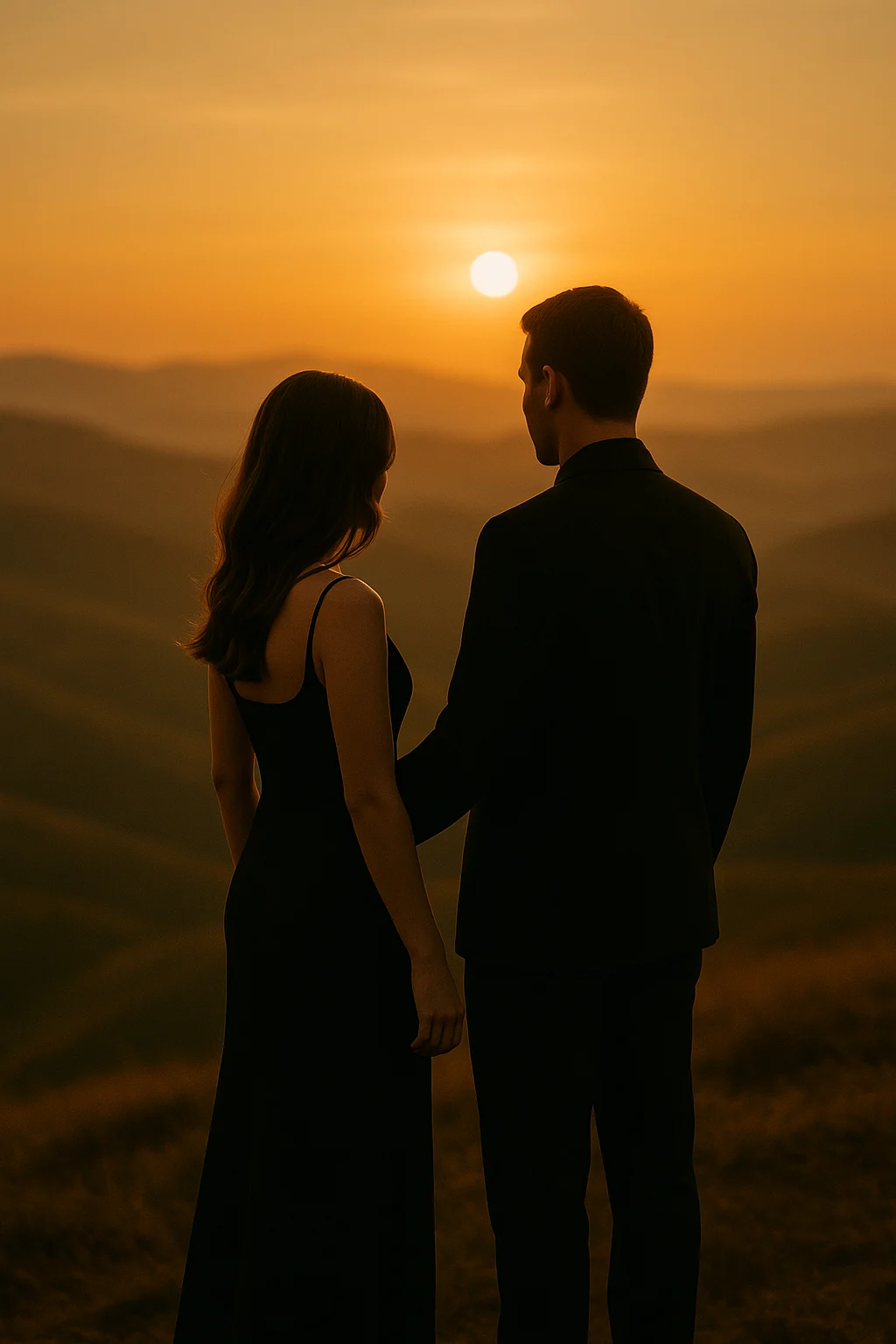 A couple standing on top of a mountain at sunset