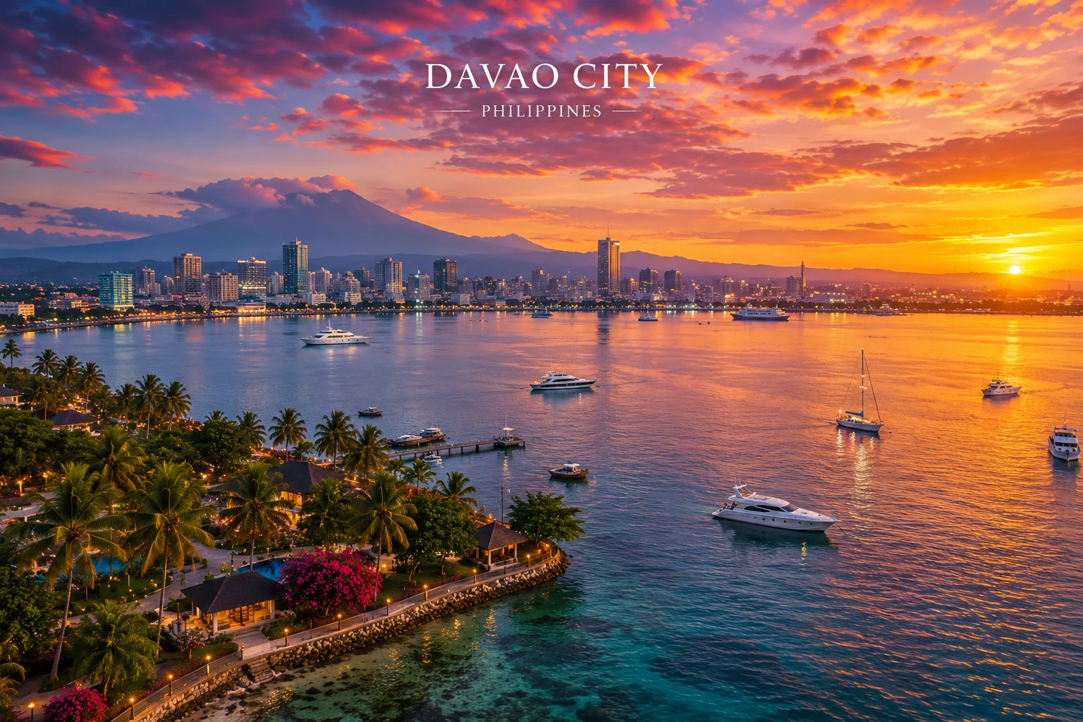 Sunset view of Davao City skyline from Samal Island
