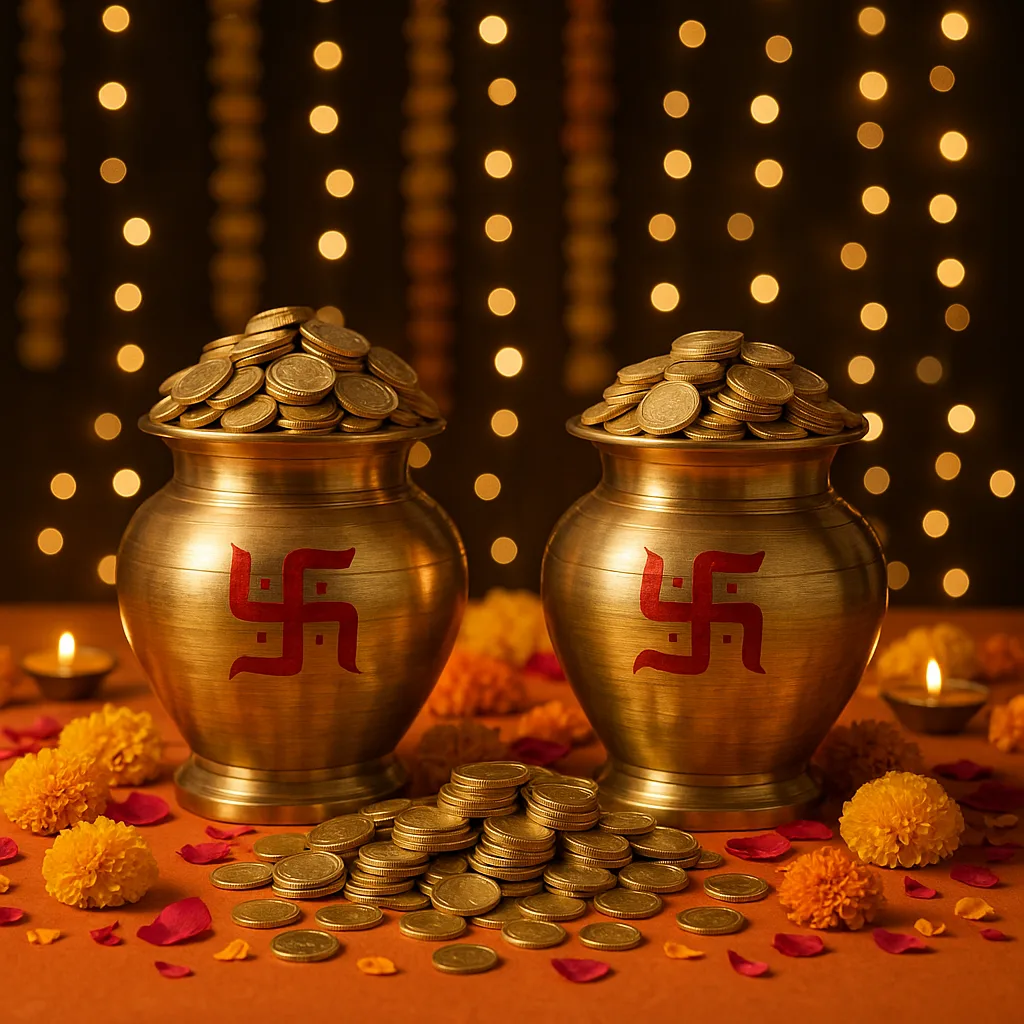 Kalash pots with coins and flowers on Dhanteras