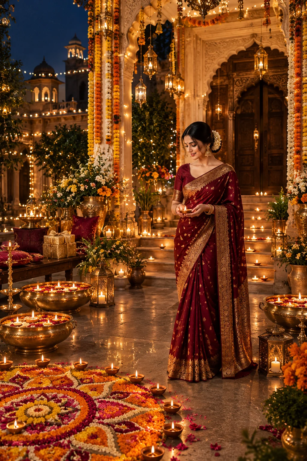 Woman in a maroon saree holding a diya during Diwali