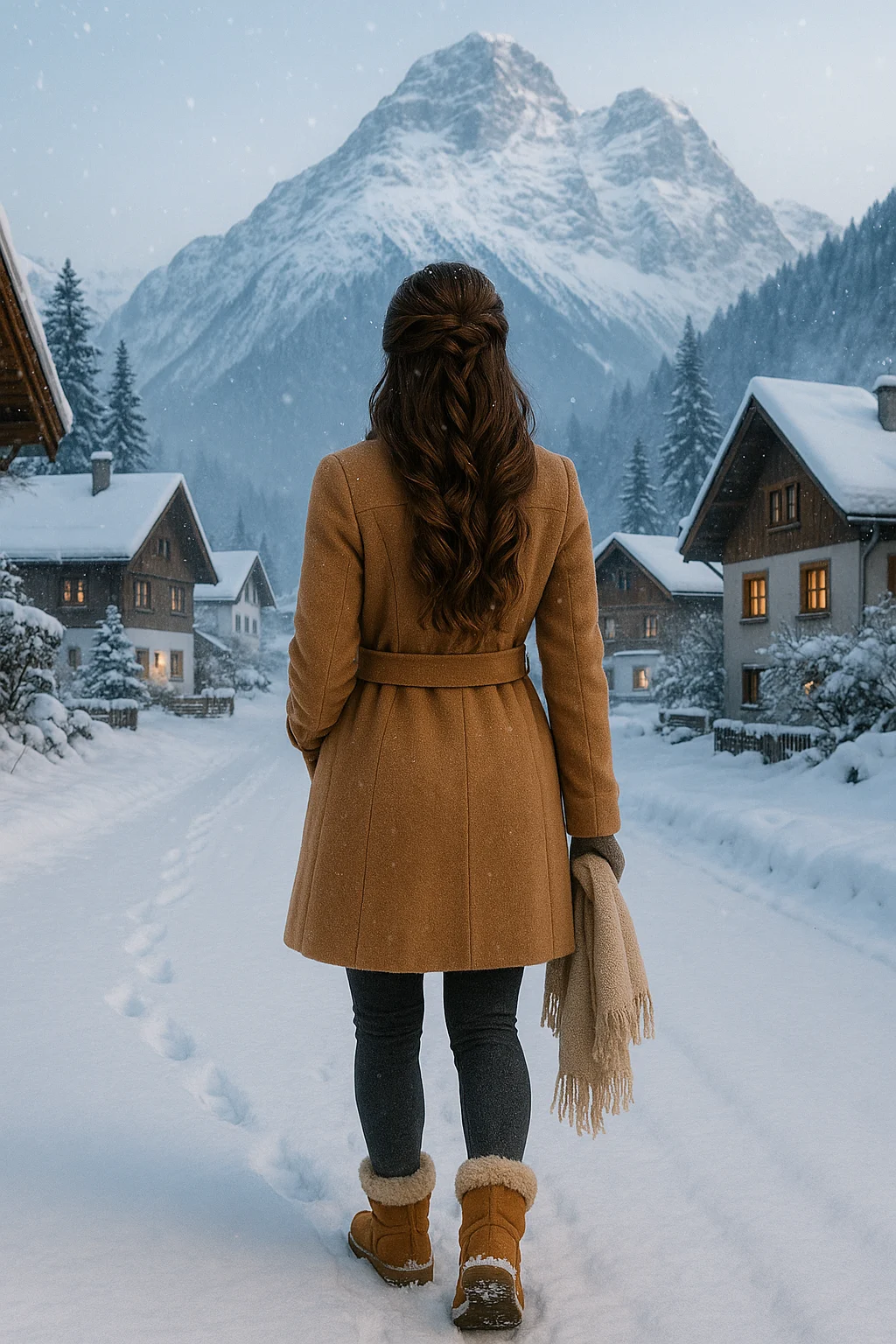 Girl in a caramel coat standing in snowy European village facing mountains