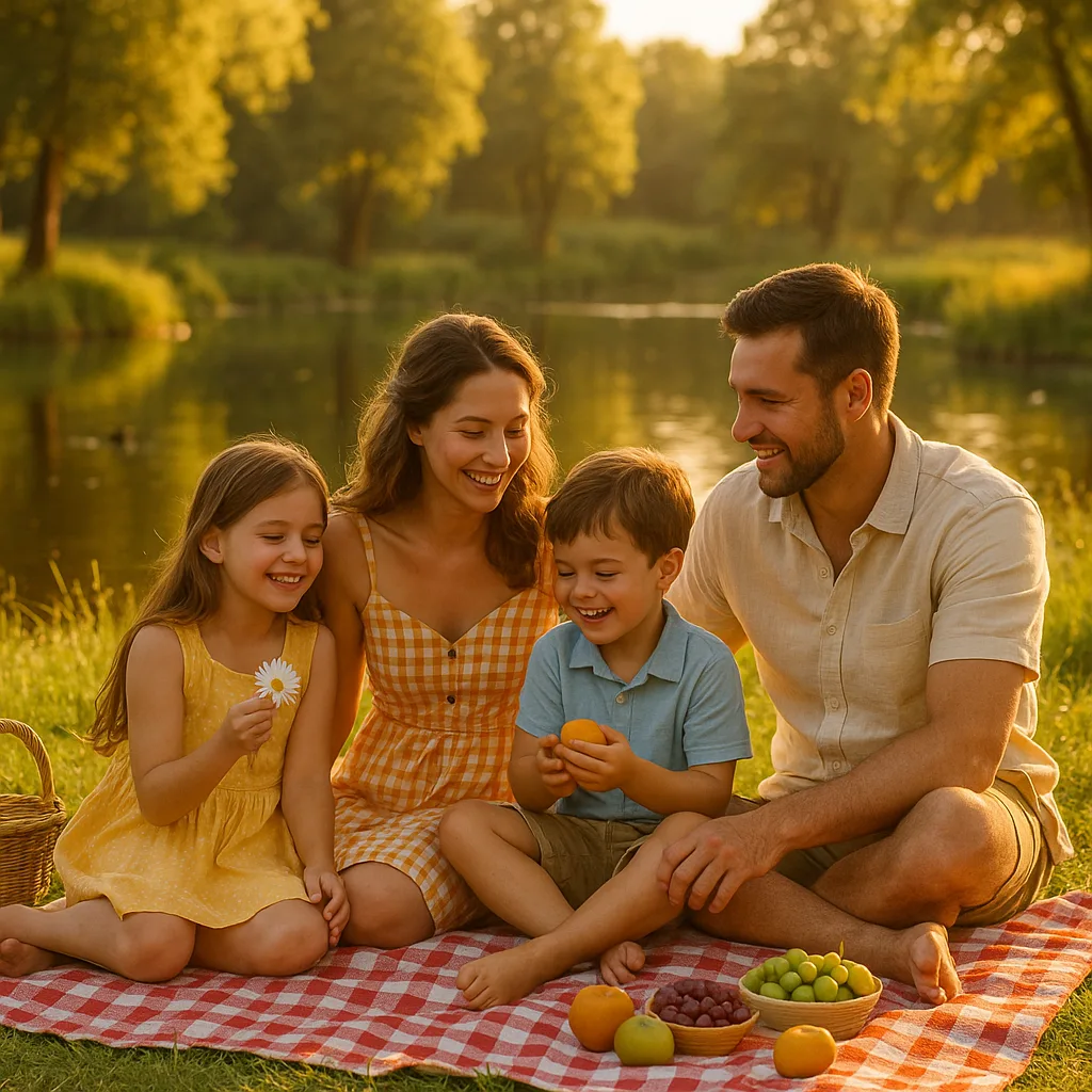Family sitting on a blanket enjoying a picnic on the grass