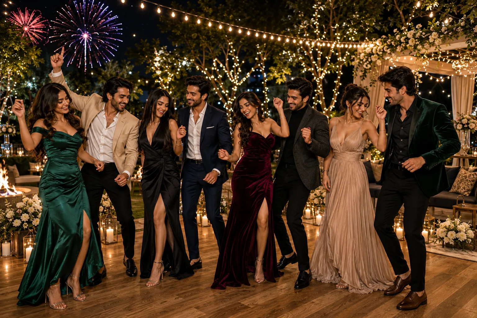 Friends dancing at a luxury year-end garden party with fireworks