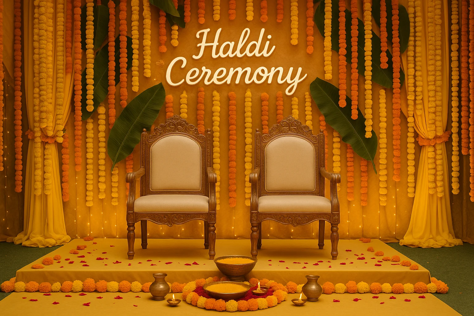 Haldi ceremony stage with floral decor and chairs