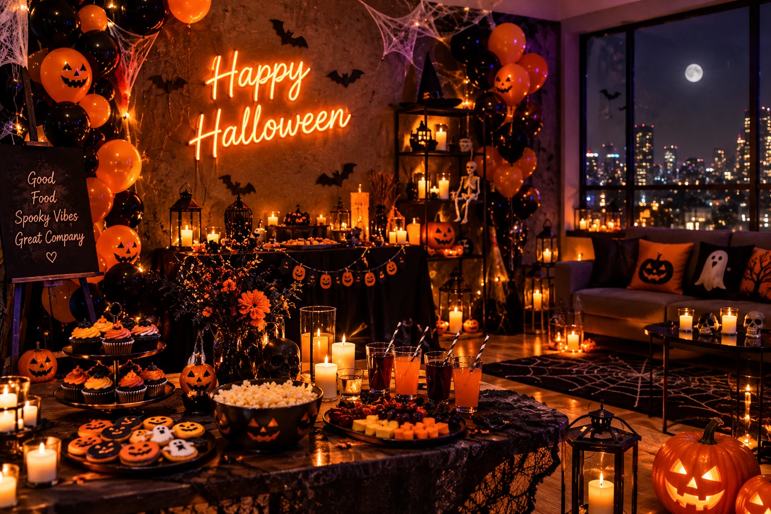Halloween party setup with pumpkins, balloons, candles, and spooky decorations.