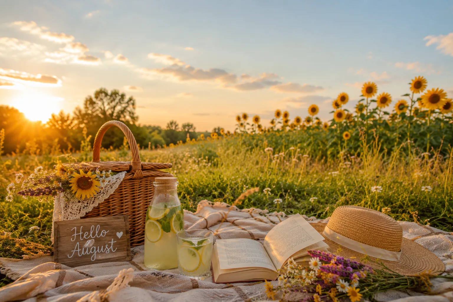 Hello August summer picnic with sunflowers