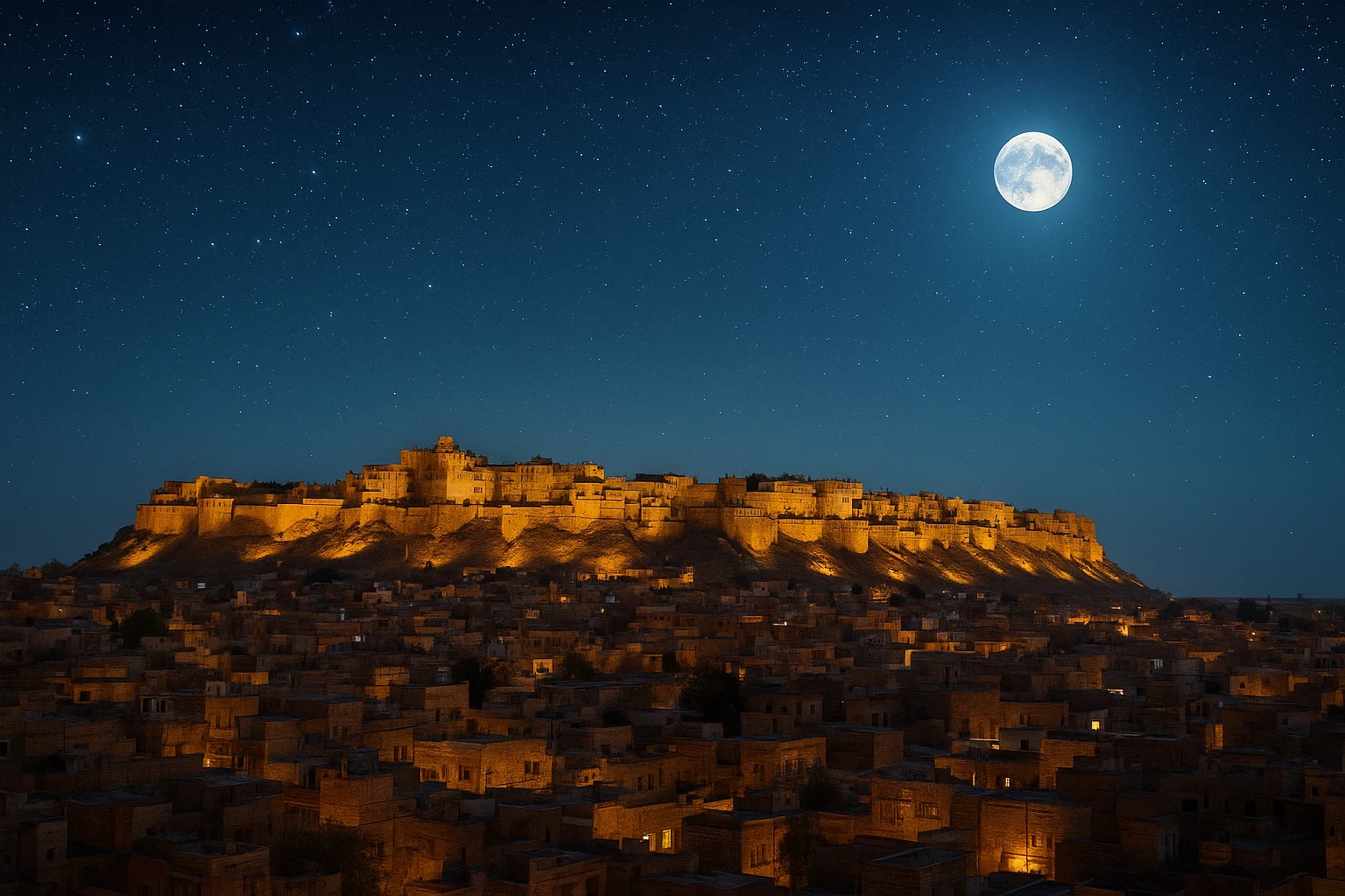 jaisalmer fort illuminated at night with glowing sandstone walls