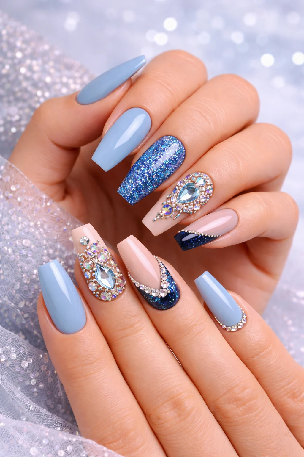 Luxury blue glam nail art with rhinestones