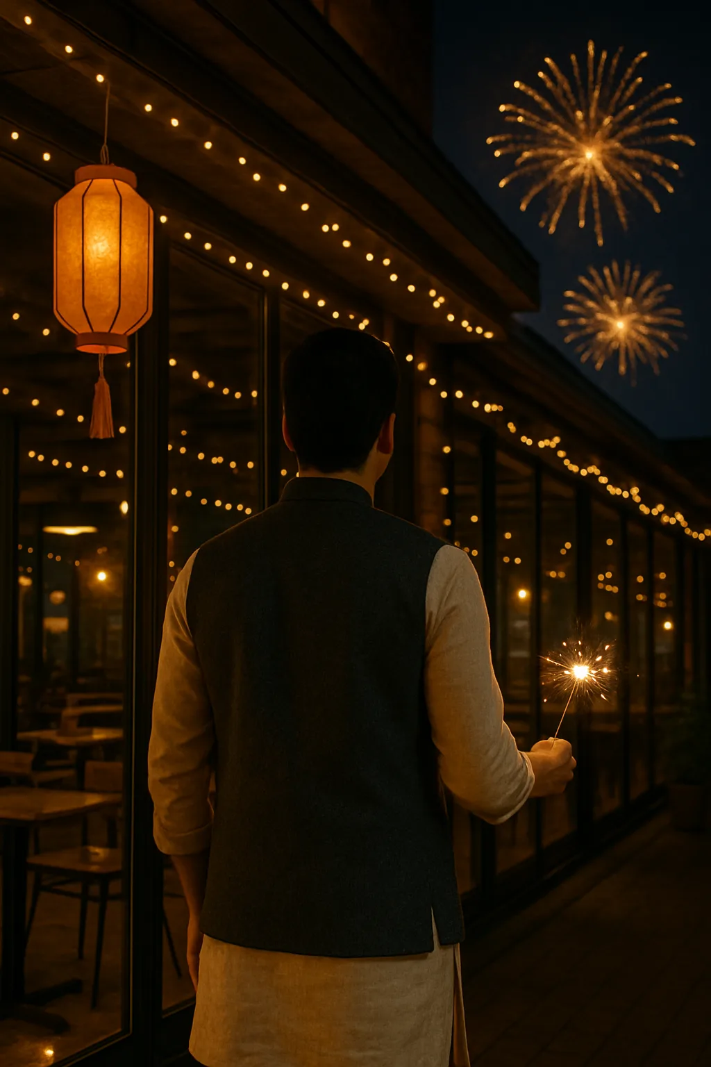 man celebrating diwali with sparkler and fireworks
