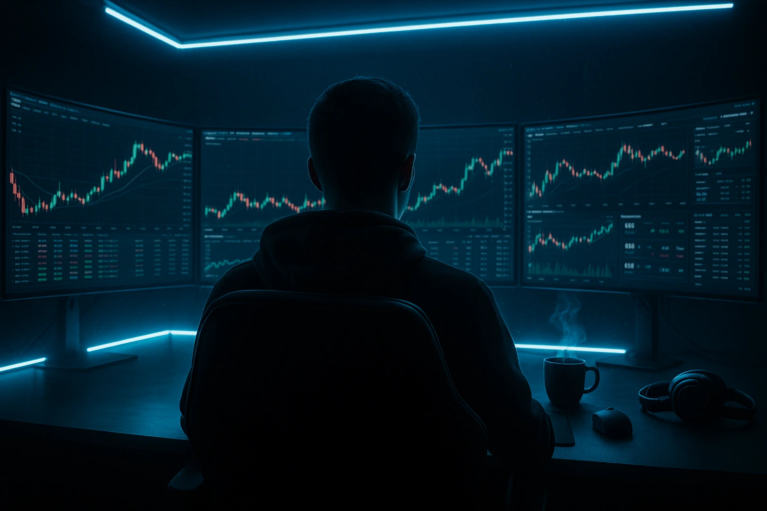 Man sitting at a computer desk analyzing trading charts