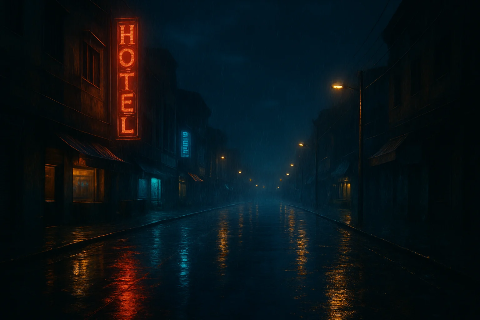 Rain-soaked empty city street at night during monsoon