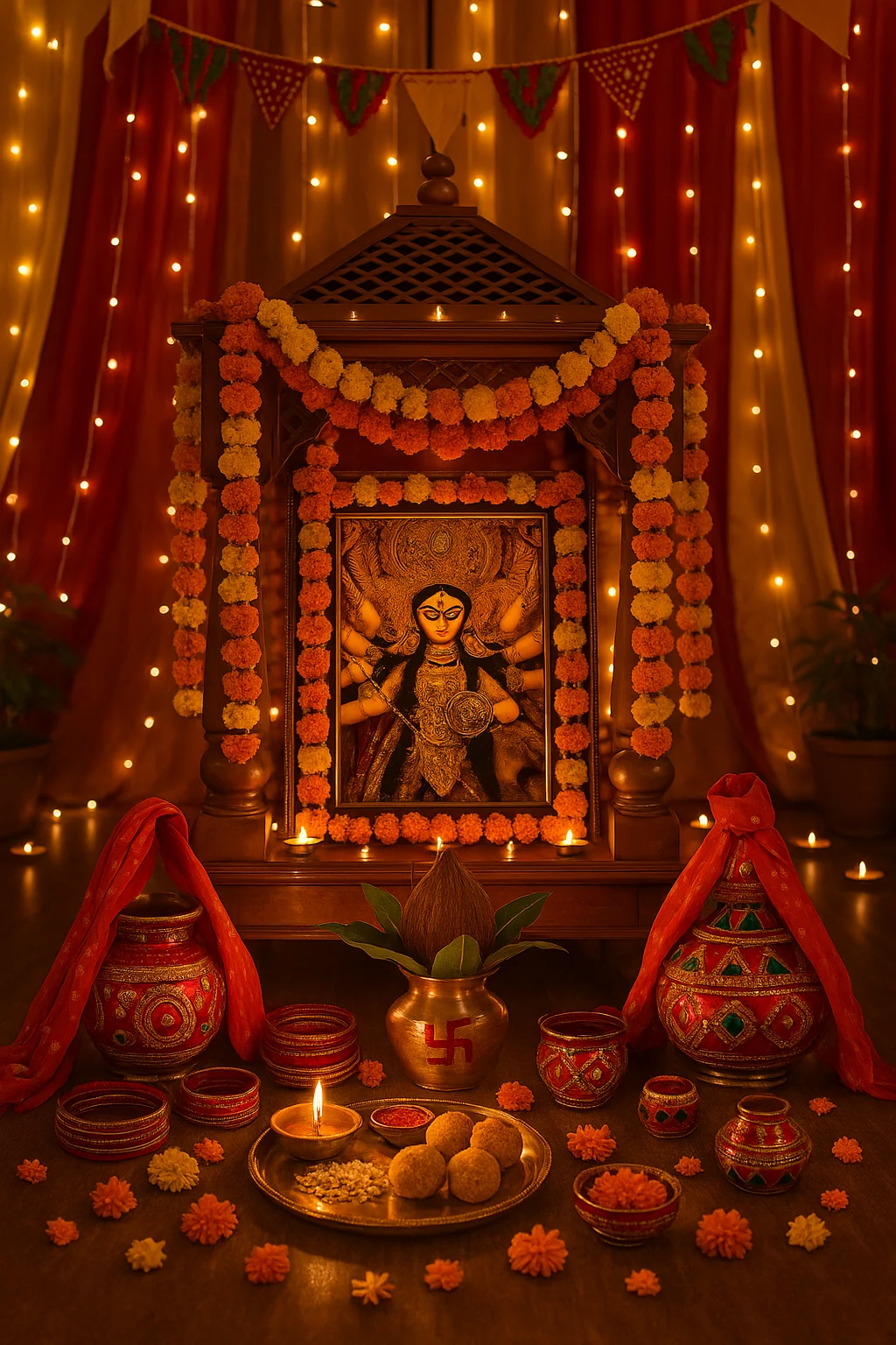 Navratri mandir setup with Durga idol and festive decor