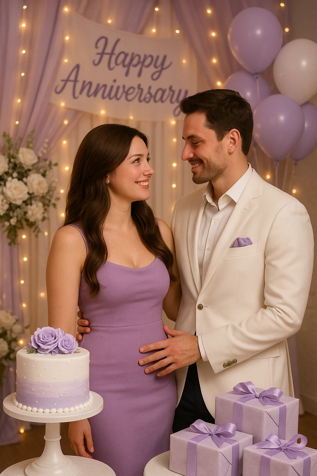 Couple celebrating their one-month wedding anniversary with a cozy indoor setup