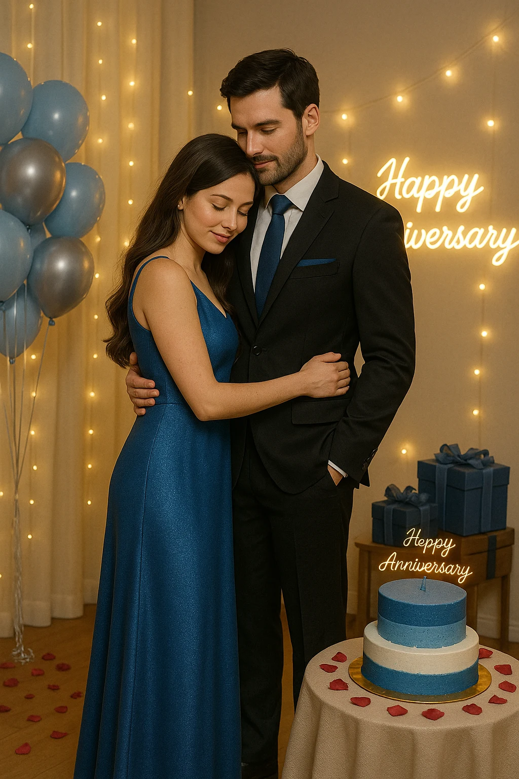 Couple celebrating their one-year wedding anniversary with warm, elegant decorations