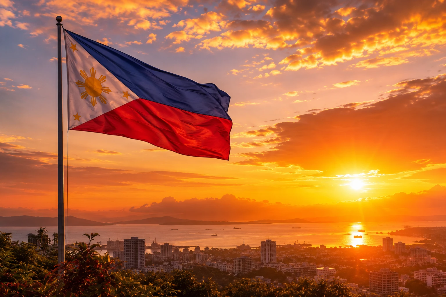 Philippines flag waving on a flagpole at sunrise.