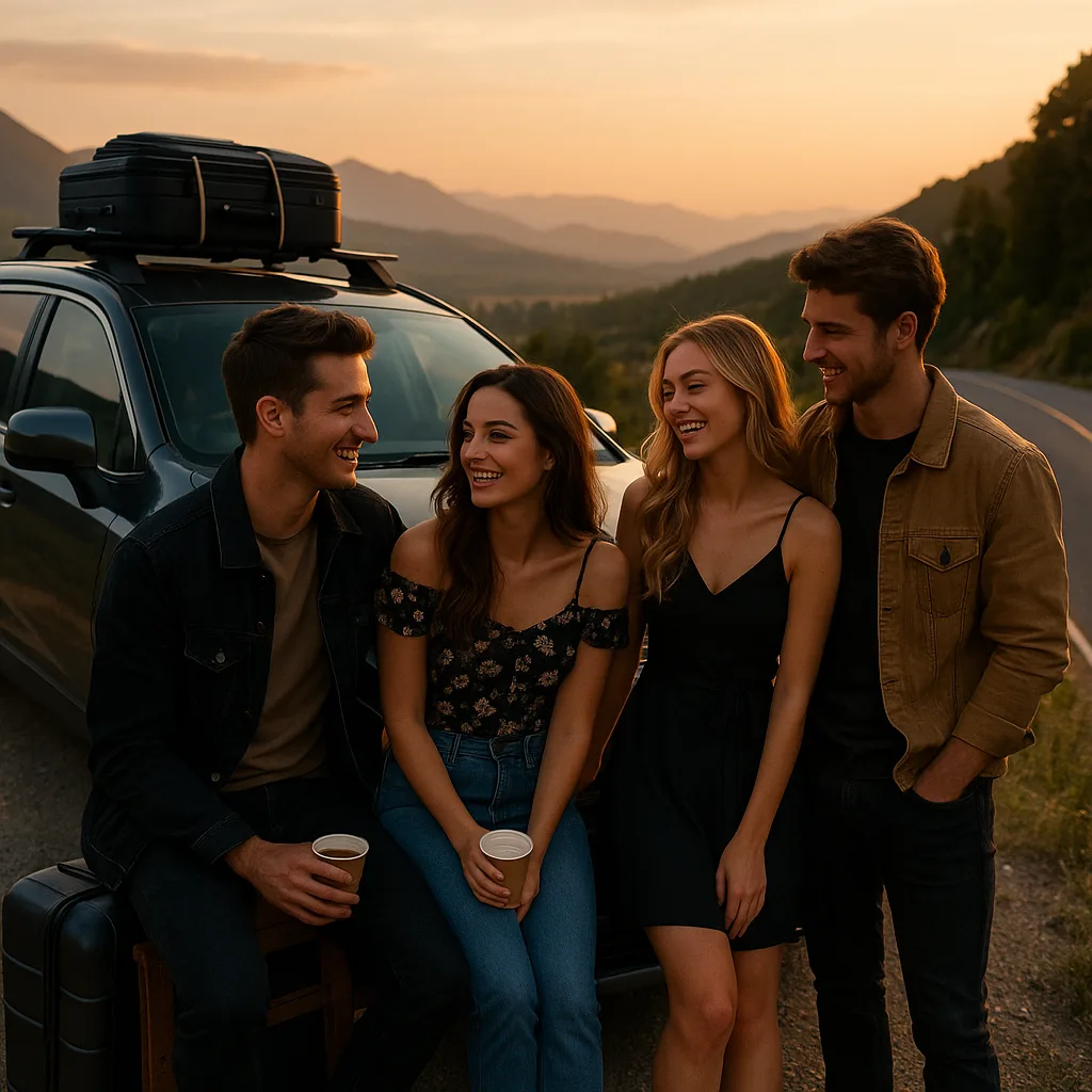 friends enjoying road trip mountain view
