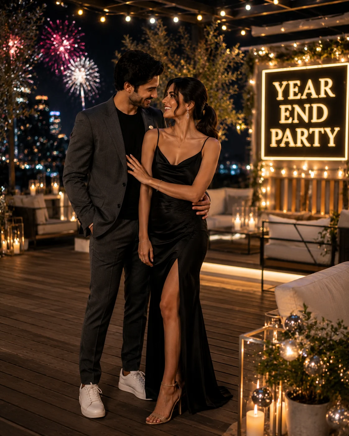 Couple celebrating a romantic year-end party with fireworks